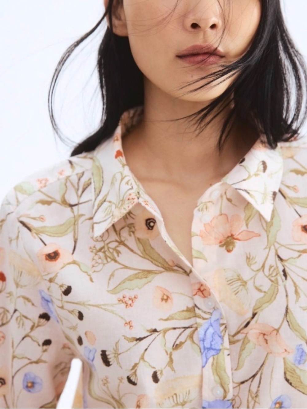 H&M Floral Linen Blend Shirt in Pastel Pink, Blue & Green size medium
